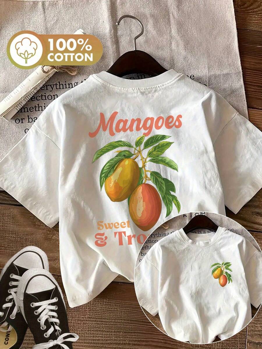 Summer Tops [Double Side Print] Women's Summer Casual Top, Illustrated Style, Mango And Leaf Design, Sweet Tropical Print, Cotton Round Neck Short Sleeve T-Shirt [Ling], Classic Argentina Number 10 T-Shirt. - White - View 1