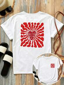 |   Diseño exquisito |   Suelto y cómodo |   Fácil de combinar | Camiseta estampada de manga corta con diseños en la parte delantera y trasera - cara en forma de corazón, estilo pop art - camiseta estampada de moda para mujer, primavera/verano, artículo de moda, versátil y casual. - Blanco - Ver 1