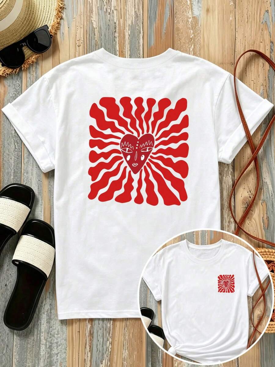 |   Diseño exquisito |   Suelto y cómodo |   Fácil de combinar | Camiseta estampada de manga corta con diseños en la parte delantera y trasera - cara en forma de corazón, estilo pop art - camiseta estampada de moda para mujer, primavera/verano, artículo de moda, versátil y casual. - Blanco - Ver 1