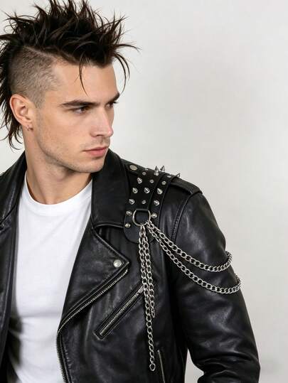 1 Peça Arnês de Ombro Punk Rock - Tira de Couro PU com Tachas e Correntes de Metal, Acessório Ousado para Homens, Perfeito para Jaquetas de Motoqueiro e Streetwear
