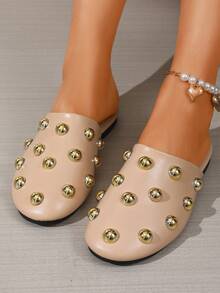 Vintage Rivet Backless Mules Women Shoes, Flat Slip-On Punk Style Comfortable Versatile Outdoor Slippers - Apricot - View 4