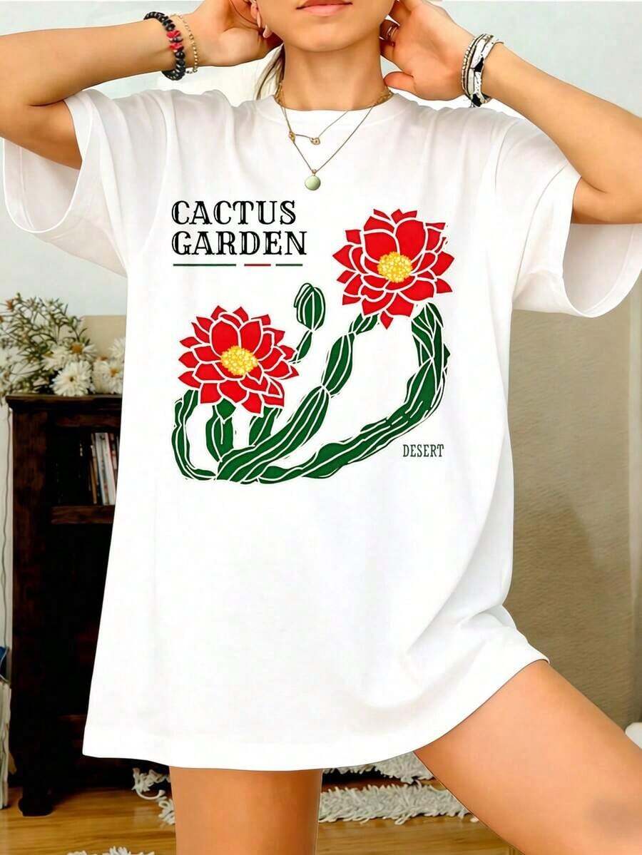 Women's Boho Short Sleeve Cotton T-Shirt With Cactus Print, Casual Summer Style, Gift For Her, Summer Outfits For Women, Plus Size T-Shirts, Maija, Elegant Short Sleeve For Women. - 白色 - 查看 1