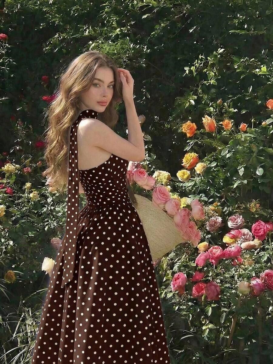 Vestido de verano de longitud media sin mangas con estampado de lunares elegante para mujer - Marrón Chocolate - Ver 1