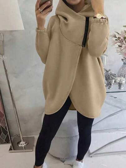 Women's Casual Elegant Sweatshirt, Solid Color With Zipper And Tulip Hem, Suitable Autumn
