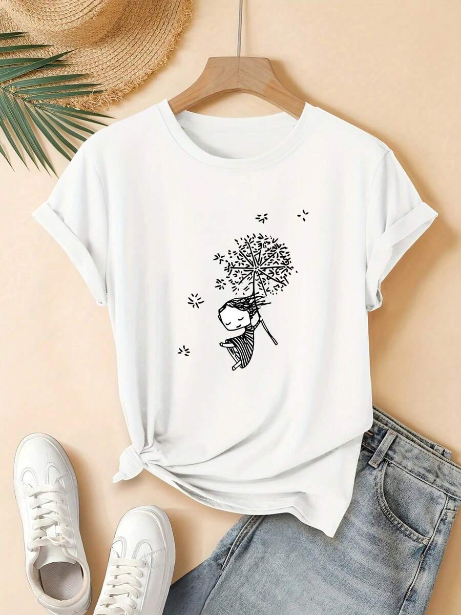 Verano Nueva Camiseta de Manga Corta para Mujer Lindo Personaje de Dibujos Animados y Estampado de Patrón de Diente de León Adecuado para el Hogar la Oficina los Viajes Top Versátil - Blanco - Ver 1