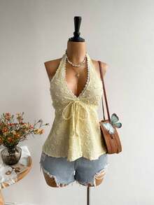 Conjunto de Playa Casual sin Espalda para Mujer, Estilo Bohemio, para Vacaciones, Festival de Música Hawaiana, Vacaciones Tropicales, Top Halter de Verano - Albaricoque - Ver 9