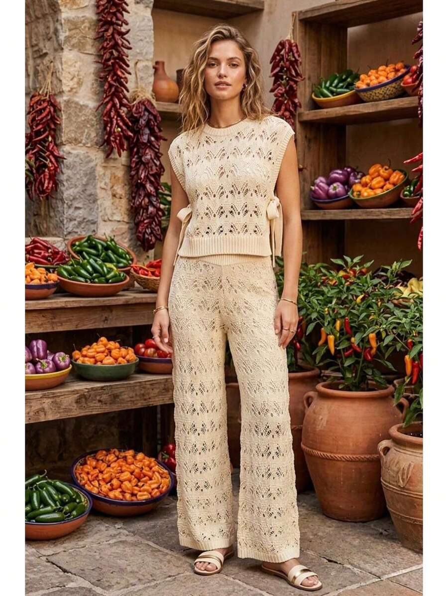 Women's Solid Color Round Neck Twist Design Top And Pants Casual Daily Holiday Coverup Set - Champagne - View 1