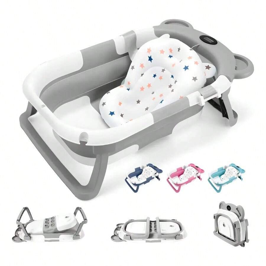 Portable Folding Baby Bathtub With Cushion And Built-In Thermometer - 灰色的 - 查看 1