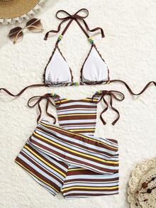Costavie Nuevo conjunto de traje de baño de 3 piezas para mujer con estampado de lunares, parte superior de triángulo micro con lazos laterales y Bottom fruncida para vacaciones de verano, fiestas y tardes de té. Conjunto de 2 piezas a rayas rojas y blancas para vacaciones. Conjunto de bikini a rayas. Conjunto de 2 piezas a rayas para la playa. - Multicolor 14 - Ver 4