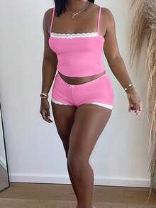 Conjunto de Verano para Mujer, Camisola y Pantalones Cortos, 2 Piezas, Ropa Deportiva Informal, Elegante, para Fiesta, con Lazo de Encaje, Sexy - Rosa - Ver 3