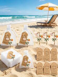 15/3pcs Tropical Coconut Tree Themed Keychain Set, Includes Coconut Tree & Shell Shaped Keychains, Thank You Cards And White Bags, Party, Gift, Decor - Multicolor - View 3