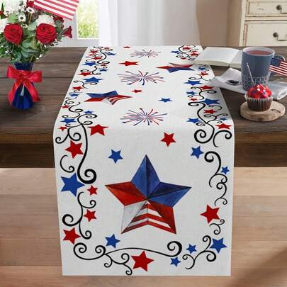 1pc Patriotic Star Table Runner, Linen Tablecloth/Drawer Liner For American Independence Day, Fireworks Decor Suitable For Holidays/Coffee Meetings/Parties