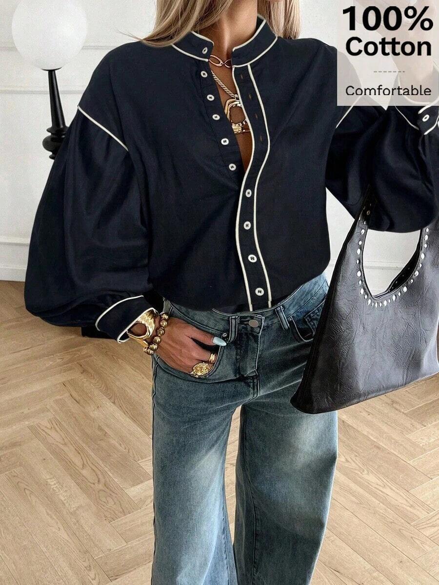 Blusa de mujer con cuello alto y ribete de color contrastante, blusa de algodón, otoño - Negro - Ver 1