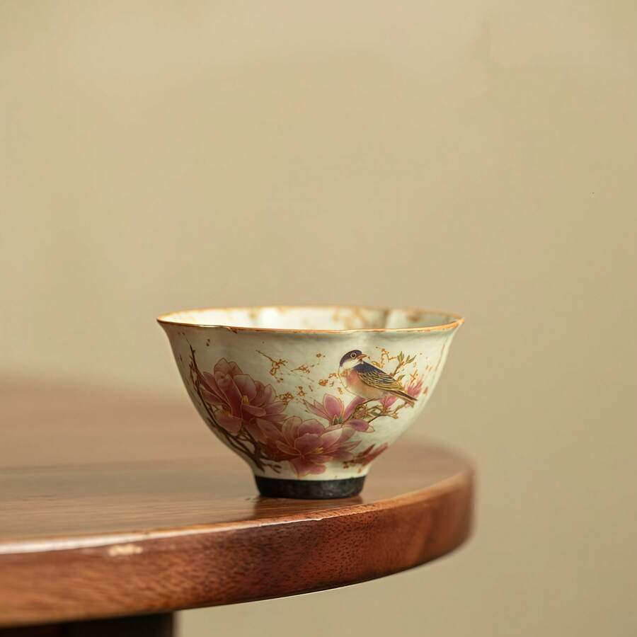 100毫升青花瓷花鸟高脚大师杯,陶瓷功夫茶杯,釉下彩口家用水杯 - 彩色 - 查看 1