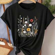 Camiseta Elegante de Manga Corta para Mujer con Estampado Floral de Flores Silvestres Frescas, Cuello Redondo, Adecuada para Primavera, Verano y Otoño, Moda Casual para Viajes y Uso Diario, Estilo Retro Elegante, Tallas S-XXL, Ideal para el Cinco de Mayo, Uso Diario, Absorbe la Humedad, Secado Rápido - Negro - Ver 7