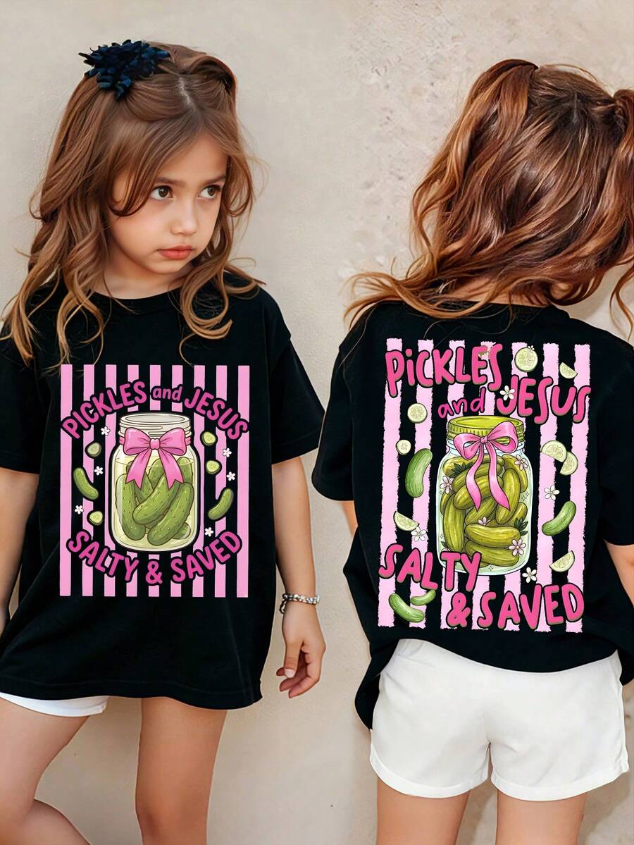 Printed Girls' Short Sleeve T-Shirt Featuring Pickles & Faith Slogan. 180g Comfy Fabric, Round Neck Design. Great For School, Casual Wear, Parties - 黑色6 - 查看 1