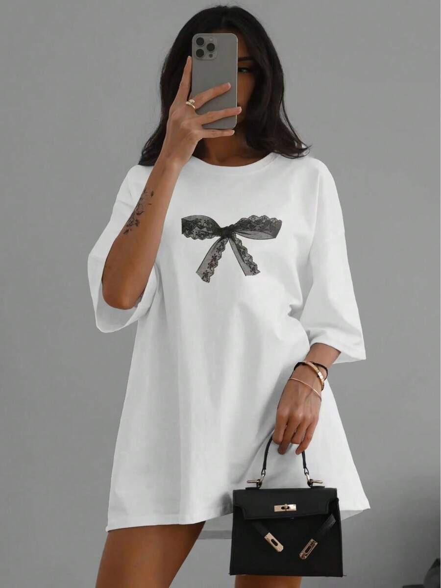 Camiseta de manga corta 100% algodón para mujer, estilo casual, versátil y elegante, con estampado de letras, novedad de verano 2026. - Blanco - Ver 1