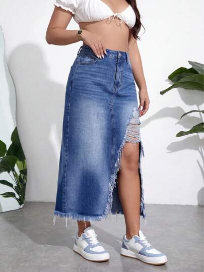 Chân váy denim xẻ tà rách dáng rộng mùa hè cỡ lớn
