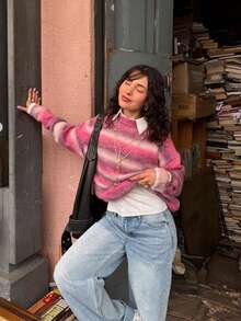 Women's Casual Vacation & Commute Ombre Striped Pattern Dropped Shoulder Loose Knit Sweater, Autumn/Winter Pink Fall - Pink - View 6