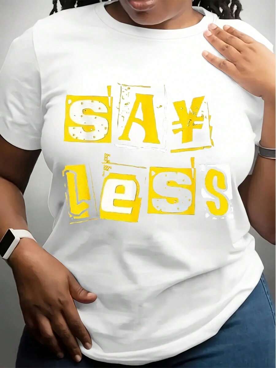 Camiseta de algodón puro, estampada con las palabras "Say Less", cuello redondo estilo urbano, corte regular, tejido de punto de verano, 180 gramos - patrón de letras en negro y amarillo - básica y versátil. - Blanco - Ver 1