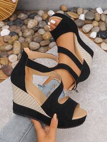 Women's Peep-Toe Thick Bottom Wedge High Heel Sandals, New Platform Peep Toe Roman Shoes For Summer - Black - View 6