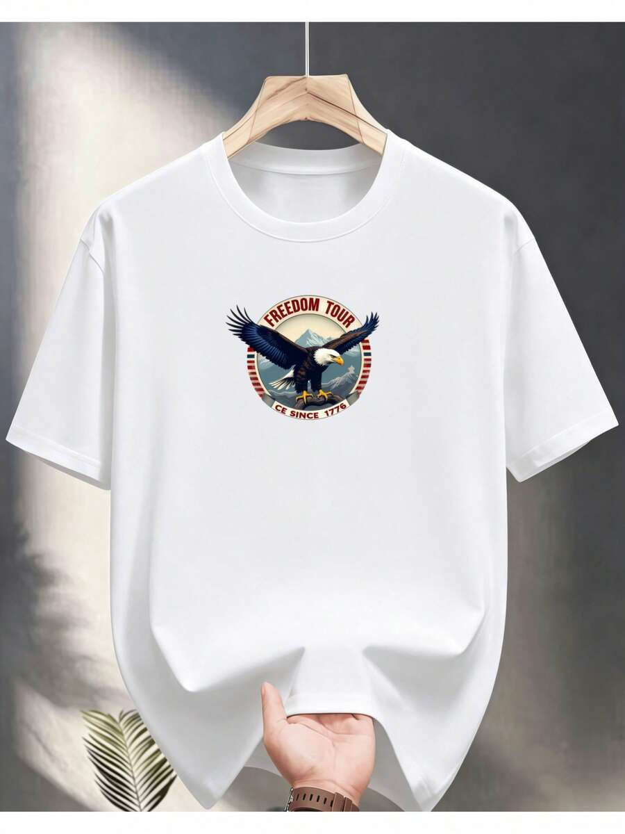 Camiseta unisex de manga corta, estampado vintage con emblema de águila, camiseta de manga corta para hombre, transpirable y de secado rápido, estilo americano moderno, top playeras hombre, spiderman, ,  mujer, romwe men, boho chic, regalos para maestras, camiseta para mujer, conjuntos curvy para hombre, y2k - Blanco - Ver 1