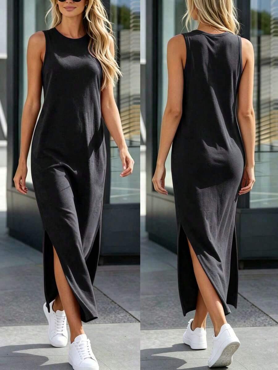 Vestido de punto casual de mujer con cuello redondo y dobladillo con abertura lateral en gris claro - Negro - Ver 1