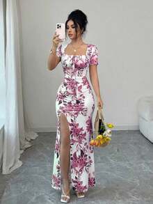Vestido de verano de manga corta para mujer, vestido de vacaciones con estampado digital, vestido de playa y vacaciones con bajo con abertura, vestido largo con fruncido en la cintura - Rosa - Ver 7