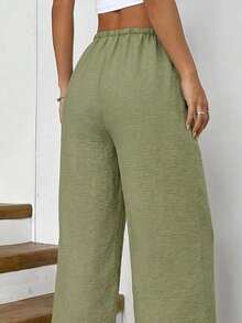 Casual Pleated Texture Pants, Green Drawstring High Waist, Versatile Wide Leg Trousers For Daily, Commute And Holiday - Olive Green - View 4