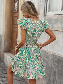 Vestido corto de verano con estampado de paisley, volantes y cinturón, estilo vacaciones, estilo bohemio, vestido mini con escote en V, estampado floral y volantes, vestido rosa con estampado de flores, vestido mini de línea A con estampado flora - Verde - Ver 2
