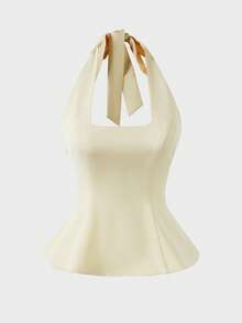Solid Color Casual Romantic Summer Sexy Backless Halter Neck Tank Top Vacation Beach Home Casual Top For Woman, Yellow Top, Summer Holiday Outfits - Yellow - View 7