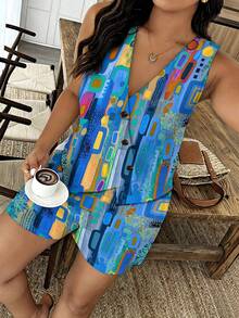 Women's V-Neck Button Vest & Shorts 2-Piece Set Summer Casual Outfit Colorful Geometric Abstract Shapes Pattern - phong cách - Xem 3