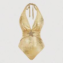 MOD Starfish Decor Metallic Backless Halter One-Piece Swimsuit, Vacation & Beach, Spring/Summer Outfit, Beach Outfit, Holiday Outfitst, Vintage, Western Wear Women, Sparkling Swimsuit, Suitable For Beach & Vacation - Dorado - Ver 4