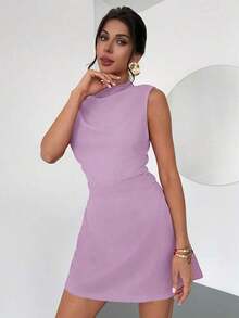 Vestido mini de línea A plisado, elegante, minimalista y romántico para mujer, color rojo, apto para uso diario, ir a trabajar, bodas, fiestas, festivales de música, vacaciones - Lila Púrpura - Ver 3