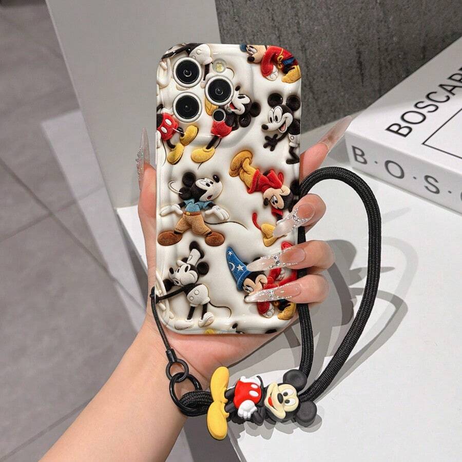 Disney Mickey Mouse Clubhouse Phone Case : 3D Fluffy Pattern Border Protector Phone Soft Phone Case With A Free Cute Mickey Bracelet Chain Lanyard, Mickey, Minnie, Goofy, Donald Duck, Daisy Duck, Pluto, For Apple 17 Promax 17 Pro 16 15 14 13 12 11 Pro Max XS Max X XR Soft Cover Summer Phone Case - trắng - Xem 1