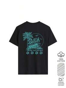 Camiseta de manga corta holgada para mujer, 100% algodón, con estampado gráfico minimalista de un cocotero dibujado a mano y el texto escrito a mano "Joy In Chaos", estilo retro americano minimalista, adecuada para actividades religiosas, eventos religiosos, picnics de fin de semana, uso casual en el campus, reuniones con amigos, vacaciones de verano en blanco. - Negro - Ver 2