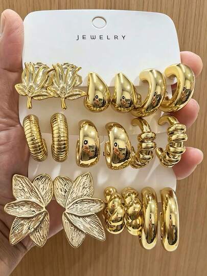 6/18pcs Gold-Tone Earring Set, Featuring 3D Floral & Smooth C-Shaped Design, Vintage Elegant Daily Wear Earrings