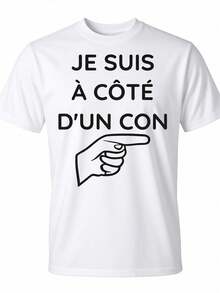 Men's T-Shirt With "Playing Next To A" Graphic Print - 100% Cotton, Regular Fit, Short Sleeve, With Eye-Catching French Text And A Pointing Hand Design - Casual Everyday Wear, Loose And Comfortable For Summer. - White - View 12