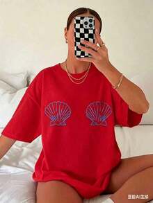 Camisetas Gráficas para Mujer con Estampado de Conchas Tropicales - Camiseta Casual de Alta Elasticidad con Cuello Redondo y Manga Corta, Lavable a Máquina, Blanca y Azul, Ropa de Playa de Verano, Ajuste Cómodo para Todas las Temporadas, Tela Transpirable, Diseño Simple, Camisetas para Mujer, Ropa de Vacaciones para Mujer, 100% Algodón, Camiseta Casual de Algodón para Mujer, Suave y Transpirable para Uso Diario. - Rojo - Ver 9