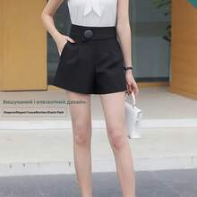 Pantalones cortos de verano de talla grande para mujer, de moda, de pierna ancha, de cintura alta, estilo traje, que cubren l... - Negro - Ver 2