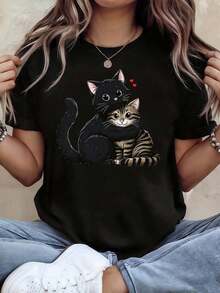 Camiseta con estampado de gato lindo para mujer - Camiseta negra de manga corta con cuello redondo con gaos atigrados y esmoquin, patas y corazones rosados​​- Camiseta informal de primavera y verano para amantes de los gatos, regalo para dueños de mascotas (lavable a máquina) - Negro - Ver 1