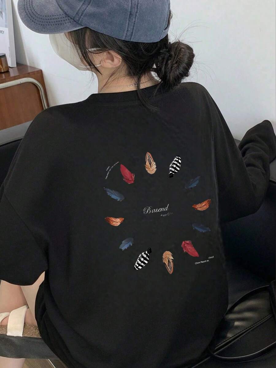 Domestic Shipping Is Now Faster! Layered Logo T-Shirt For Women, Summer Wear, Fashionable Short-Sleeved, Office Casual, 200g Cotton, Character Print, Loose-Fitting White Top, Y2K Style. - Black - View 1