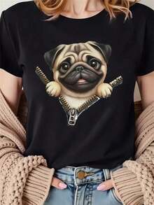 Camiseta playera gráfica dama mujer manga corta cuello redondo casual cómoda fresca ligera moderna juvenil corte regular estampado pug perro perrito dog lover cara sonriente - Verde - Ver 6