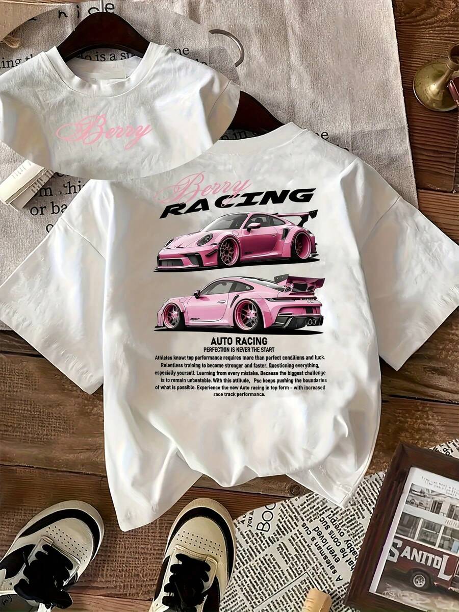 Double-Sided Car Print T-Shirt, Women's T-Shirt With 'AUTO RACING' On The Back And 'Berry' On The Chest, Casual Summer Top With A Vibrant Touch - 白色 - 查看 1