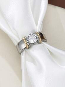 ZHIXUN 1pc Fashionable Exquisite Dual-Tone Ring Set, Inlaid With Round Synthetic Zirconia, Elegant Daily Accessory And Wedding Jewelry, Perfect Gift For Her - Ring 1 - View 8