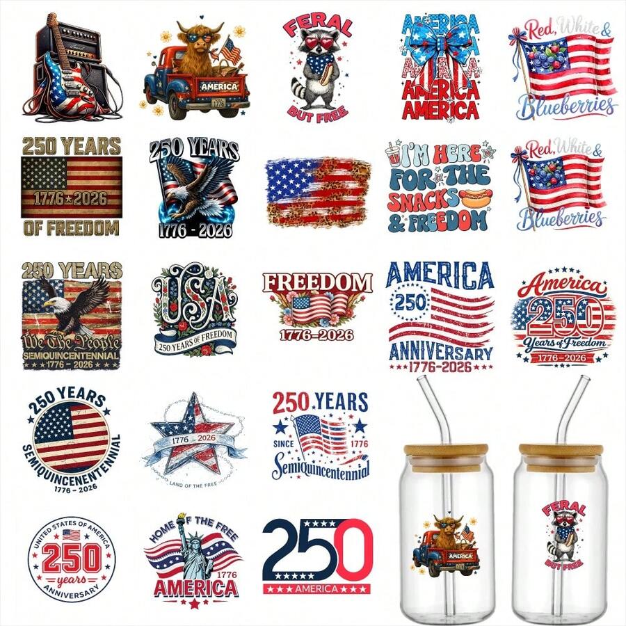21 Pieces UV DTF Transfer Stickers Cup Wraps Decals Waterproof Transfer Paper For 16oz Glass, Independence Day Celebration 250 Years Freedom Patriotic Eagle Flag Stars Stripes Liberty Statue Cat Truck Red White Blueberries Forever United States Of Semiquincentennial Anniversary 1776 2026 , Perfect For Glass Cups, Mugs, And - A - 查看 1