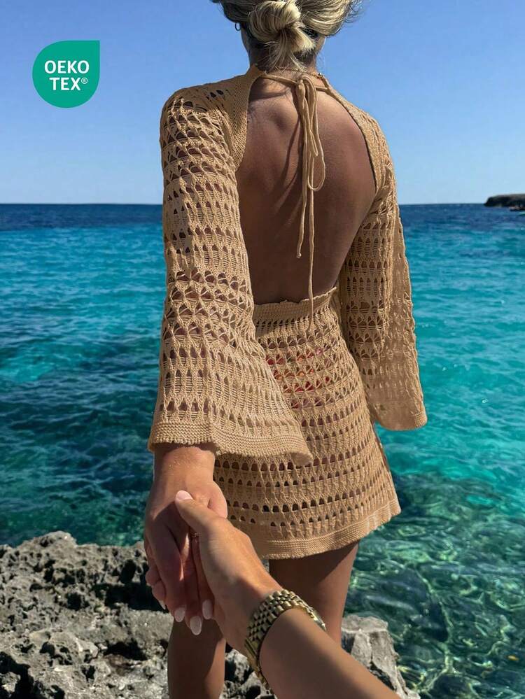 sexy beach dress up Women's Spring/Summer Dress, Bohemian Hollow-Out Backless Long Sleeve Crochet Cover-Up Vacation Our dream dress. So
