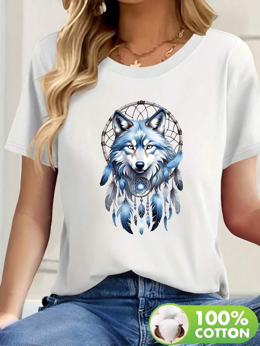 Camiseta de Verano con Estampado de Cabeza de Lobo Totem, Cuello Redondo y Manga Corta