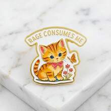 Funny Quirky Orange Cat Brooch, Creative Bow Tie Cat Shape English Slogan Brooch, Niche Design Versatile Casual Commute Outfit Accessory Decorative Brooch - A - View 3