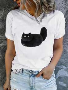 Camiseta de manga corta estampada de algodón ligero y transpirable, edición limitada para mujer, moderna y casual, lavable aáquina, ajuste cómodo, algodón ligero. - Blanco_01 - Ver 3